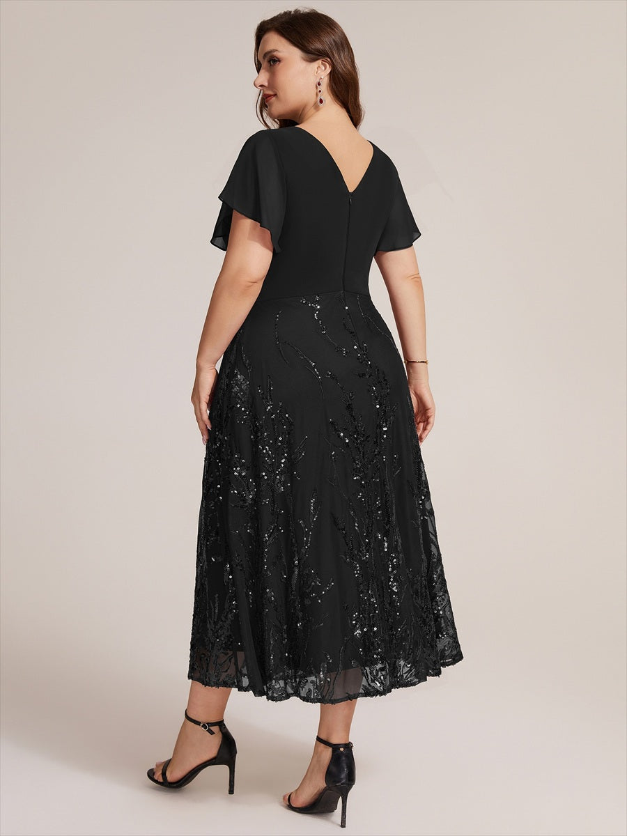 Sequin Chiffon A-Line Evening Dress #color_Black