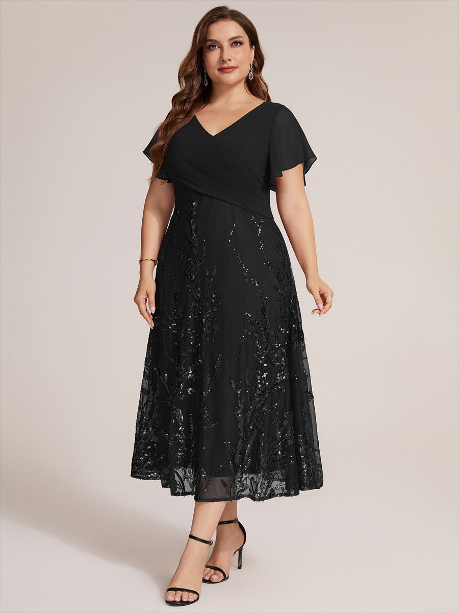 Sequin Chiffon A-Line Evening Dress #color_Black
