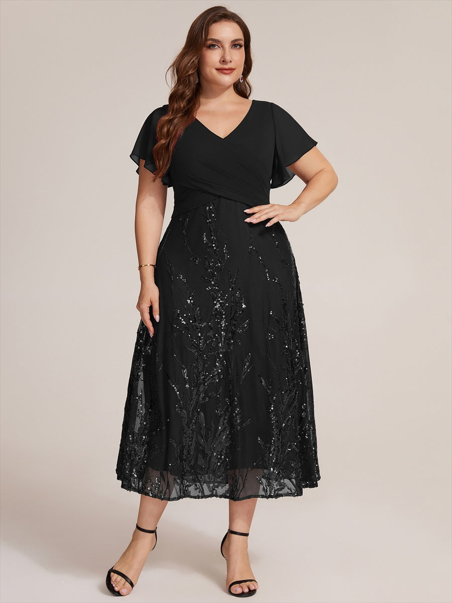 Sequin Chiffon A-Line Evening Dress #color_Black