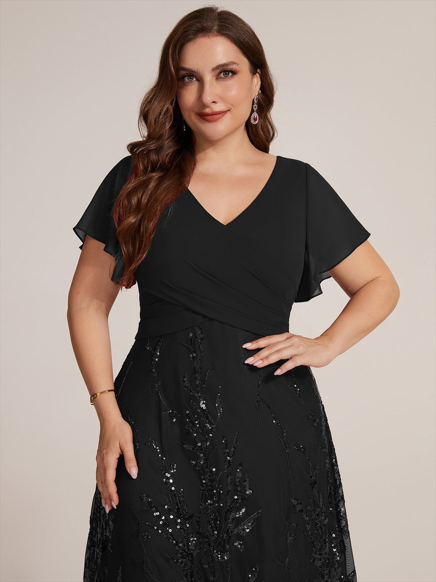 Plus Size Chiffon Sequin Ruffle Sleeve Evening Dress #color_Black