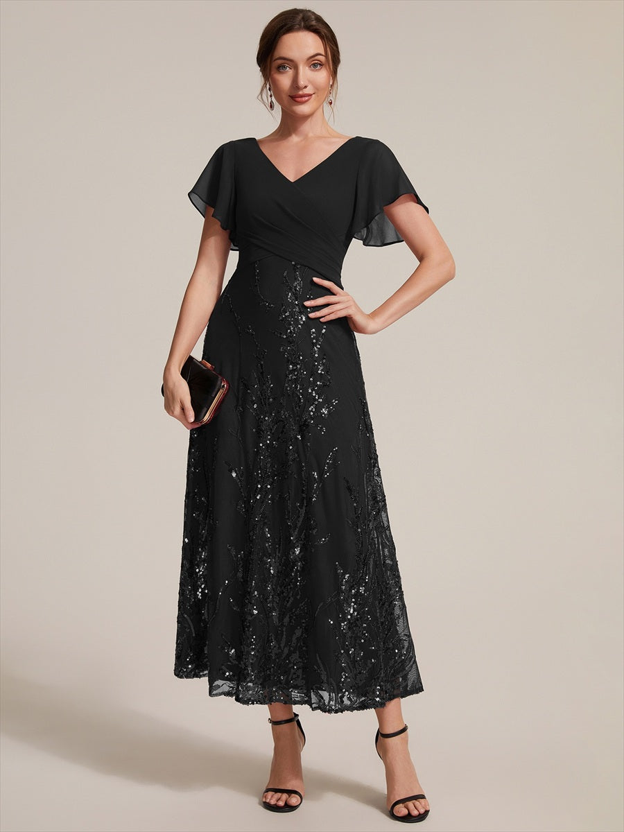Sequin Chiffon A-Line Evening Dress #color_Black