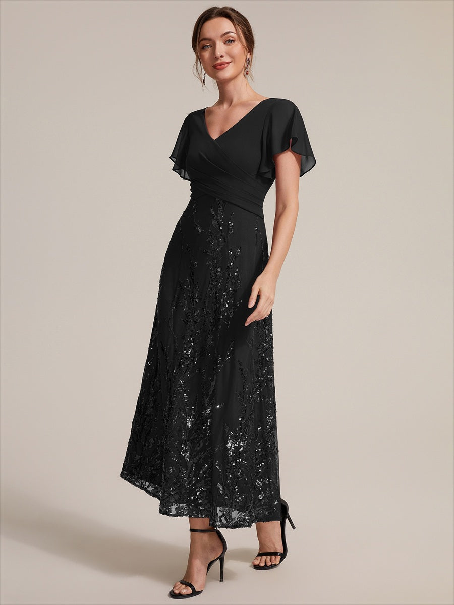 Sequin Chiffon A-Line Evening Dress #color_Black