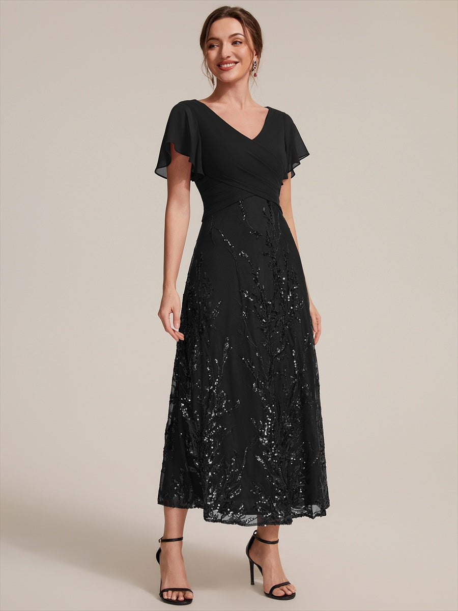 Sequin Chiffon A-Line Evening Dress #color_Black