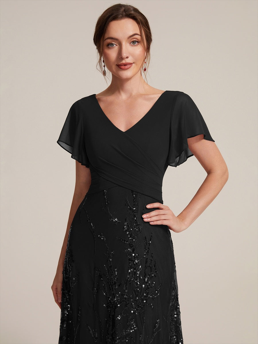 Sequin Chiffon A-Line Evening Dress #color_Black