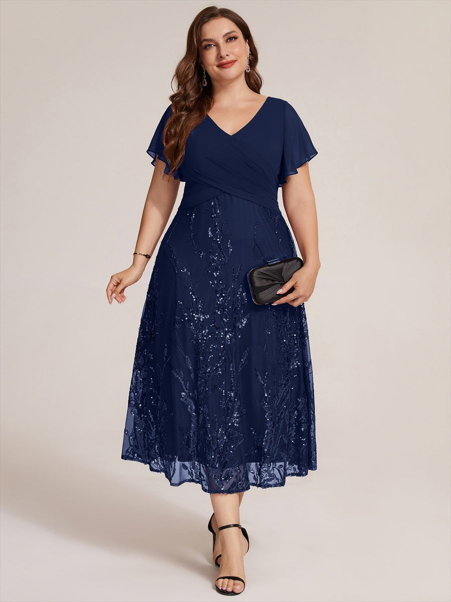 Sequin Chiffon A-Line Evening Dress #color_Navy Blue
