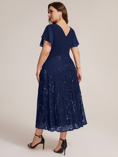 Plus Size Chiffon Sequin Ruffle Sleeve Evening Dress #color_Navy Blue