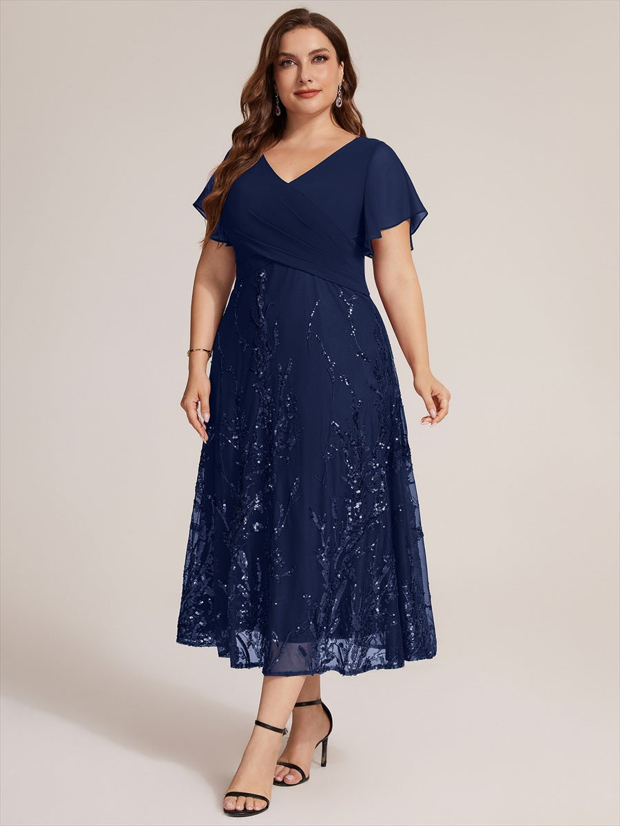 Sequin Chiffon A-Line Evening Dress #color_Navy Blue
