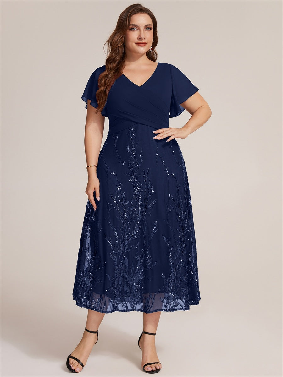 Sequin Chiffon A-Line Evening Dress #color_Navy Blue
