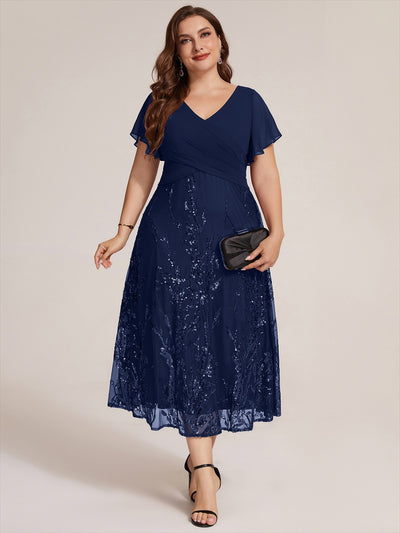 Plus Size Chiffon Sequin Ruffle Sleeve Evening Dress