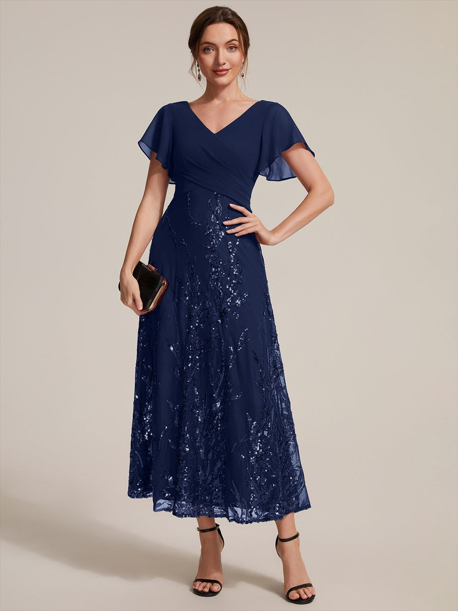 Sequin Chiffon A-Line Evening Dress #color_Navy Blue