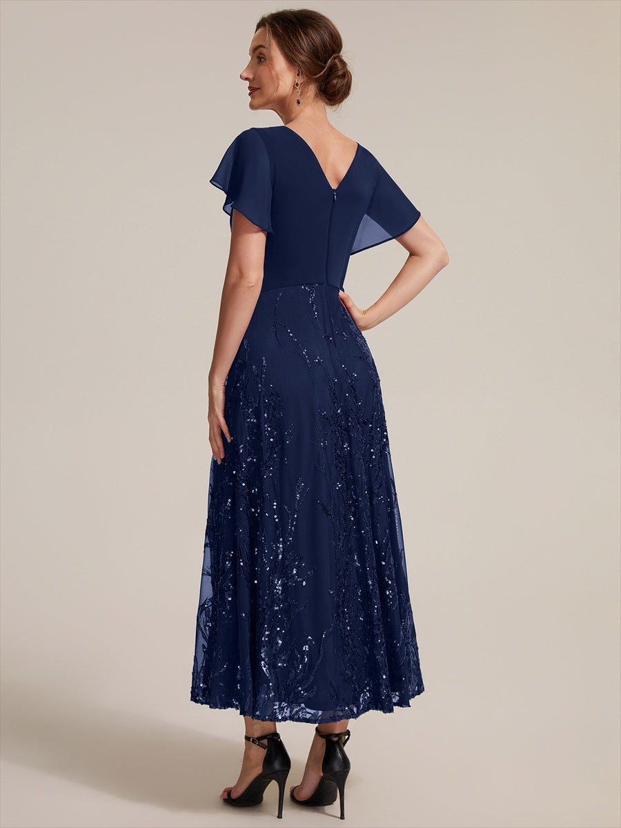 Sequin Chiffon A-Line Evening Dress #color_Navy Blue