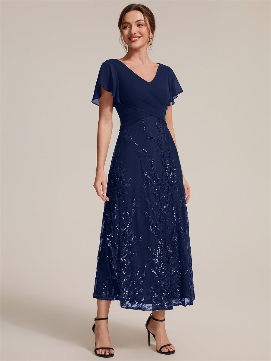 Sequin Chiffon A-Line Evening Dress #color_Navy Blue