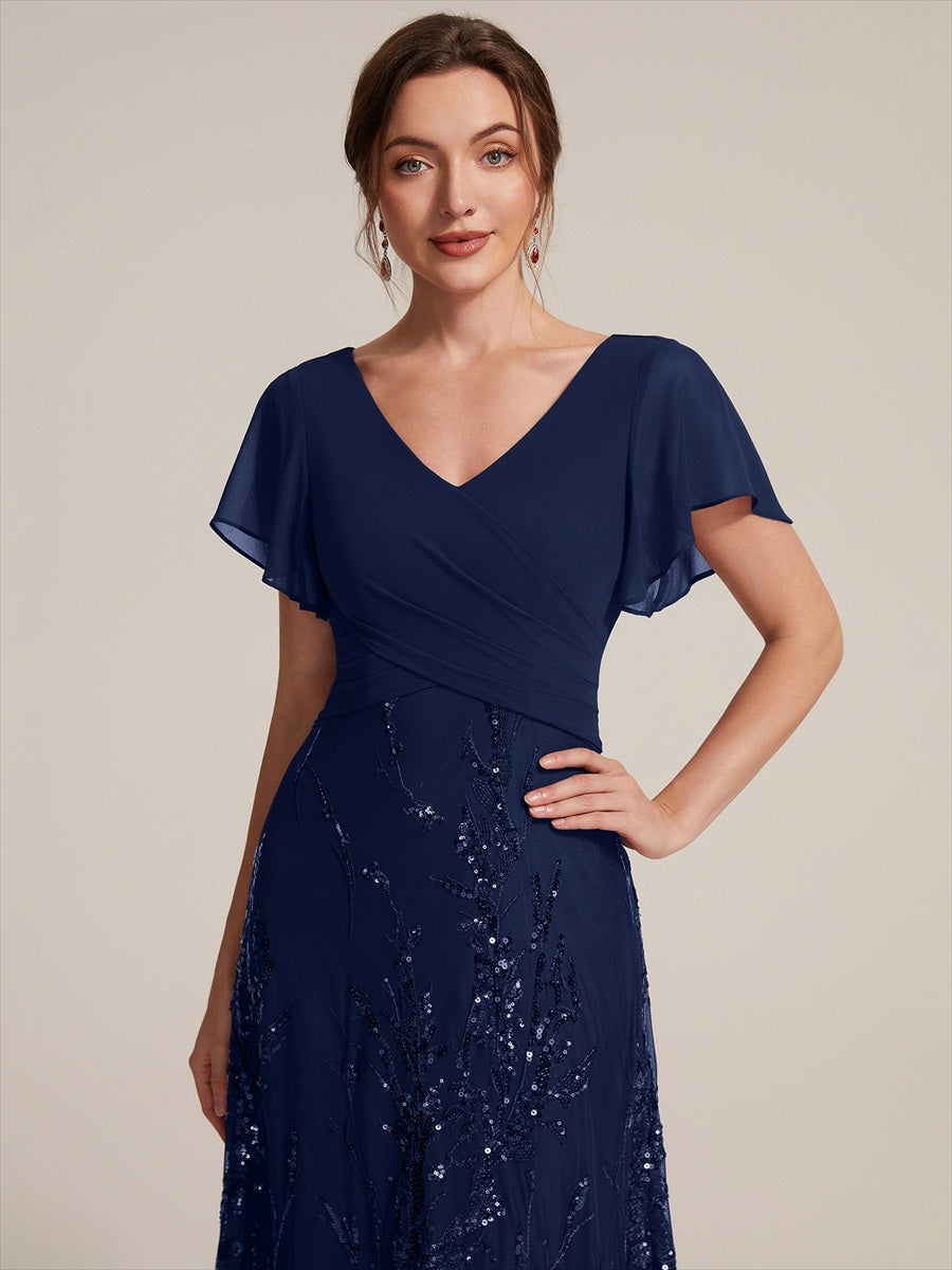 Sequin Chiffon A-Line Evening Dress #color_Navy Blue