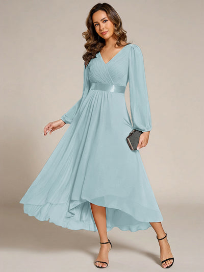 Pleated Chiffon Lantern Sleeve Evening Dress #color_Sky Blue