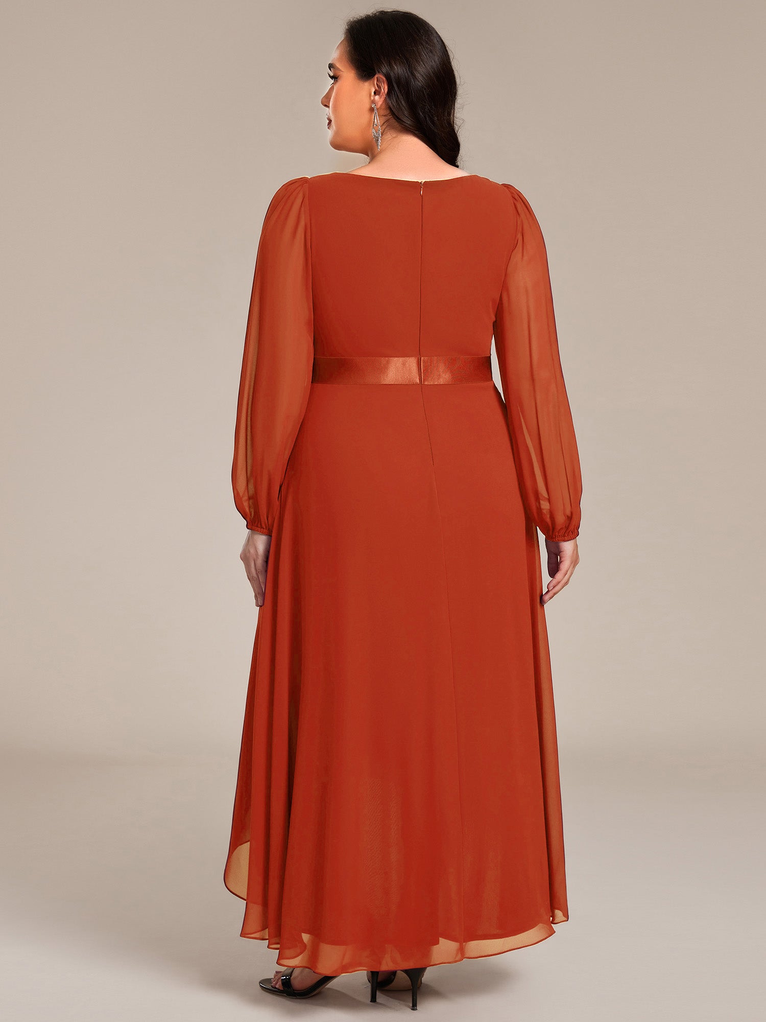Pleated Chiffon Lantern Sleeve Evening Dress #color_Burnt Orange