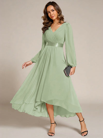 Pleated Chiffon Lantern Sleeve Evening Dress #color_Mint Green