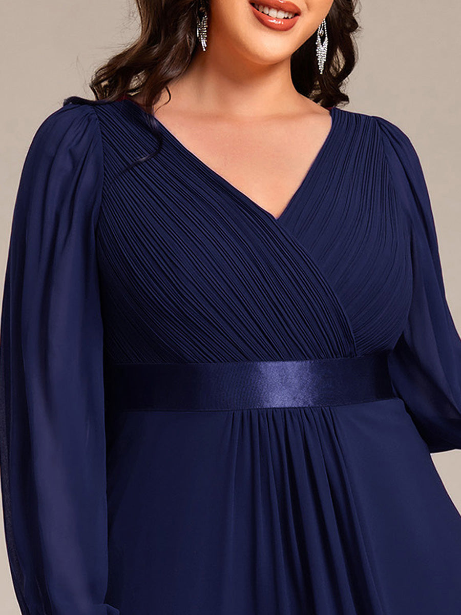 Pleated Chiffon Lantern Sleeve Evening Dress #color_Navy Blue