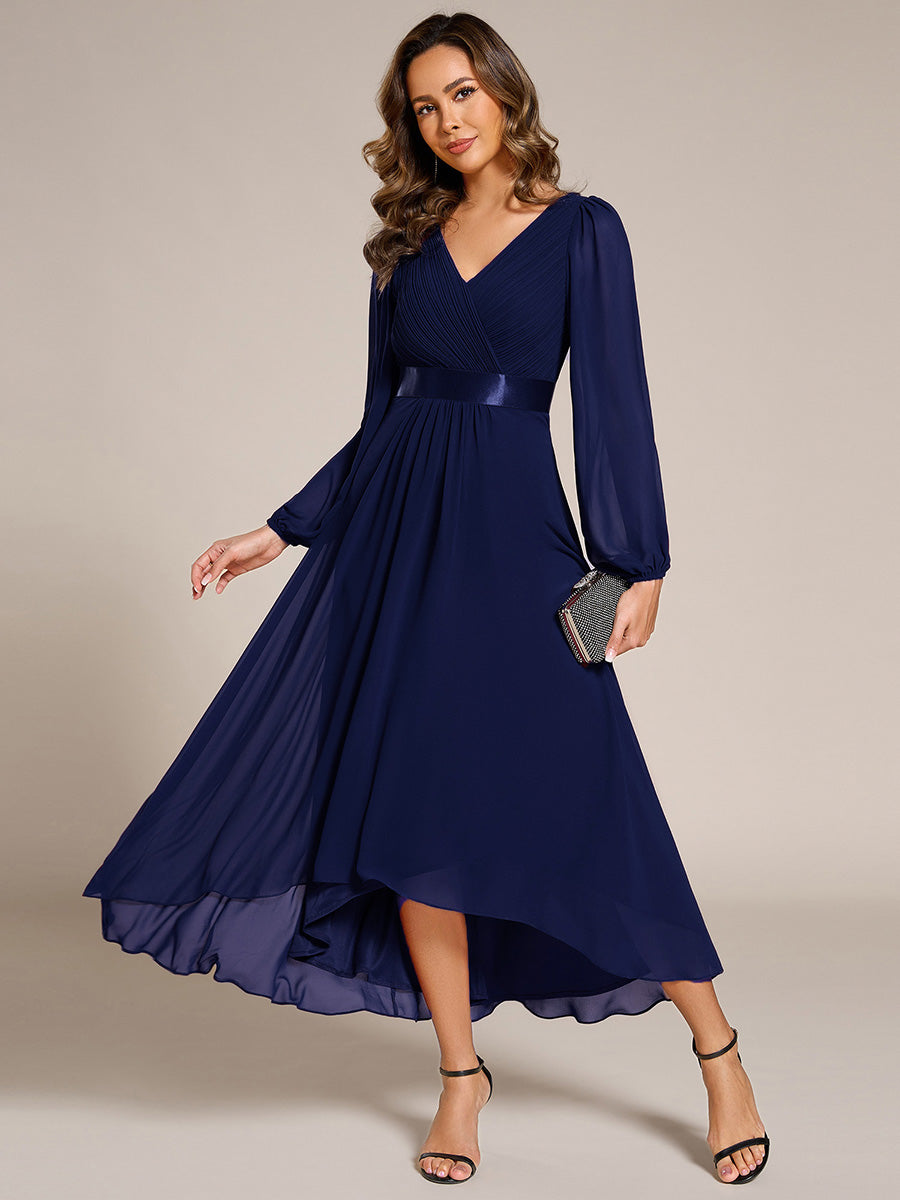 Pleated Chiffon Lantern Sleeve Evening Dress #color_Navy Blue