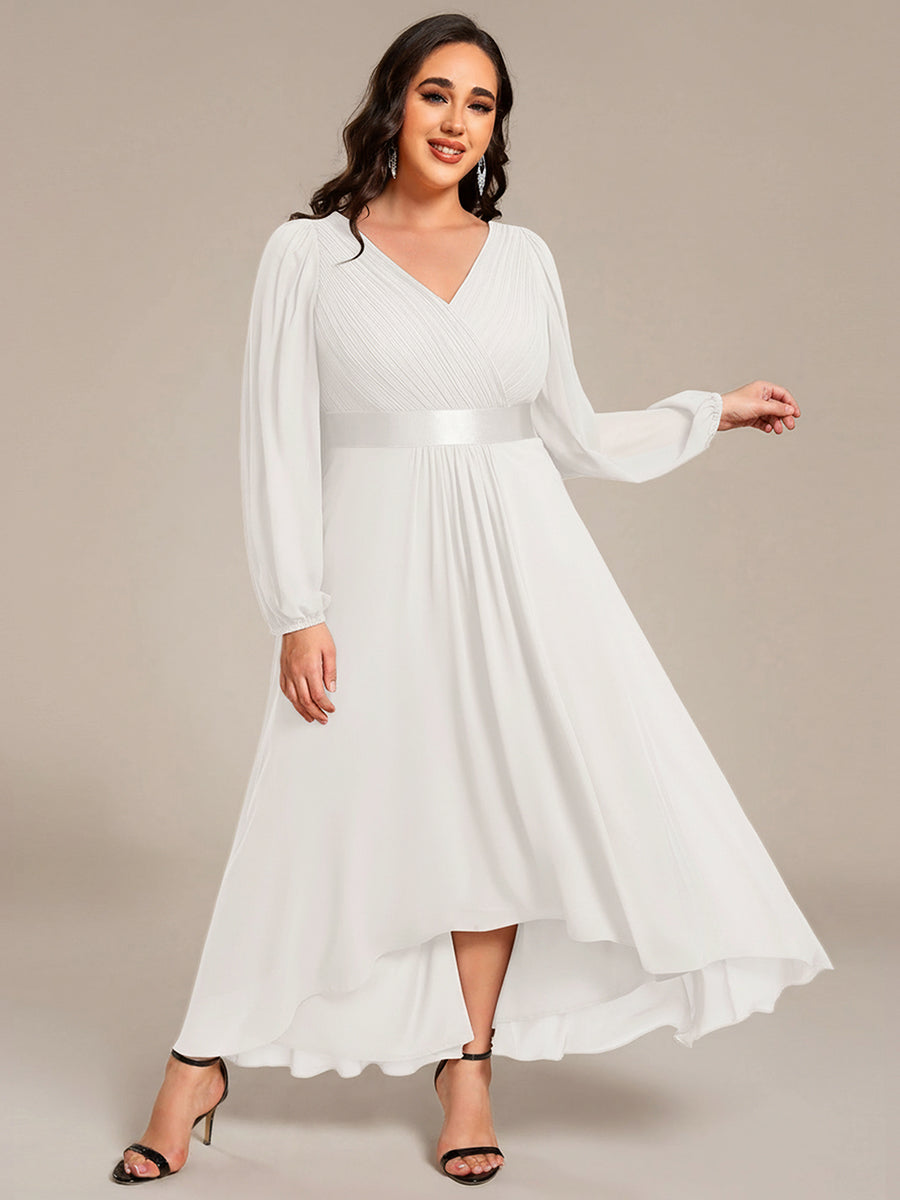 Pleated Chiffon Lantern Sleeve Evening Dress #color_White