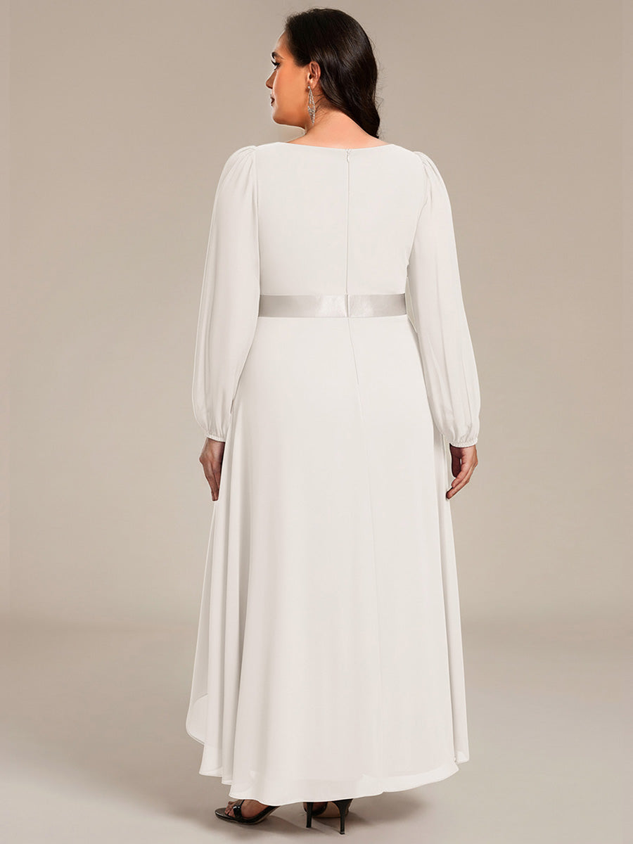Pleated Chiffon Lantern Sleeve Evening Dress #color_White