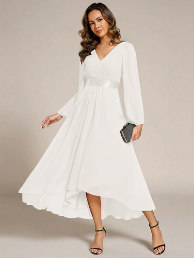 Pleated Chiffon Lantern Sleeve Evening Dress #color_White