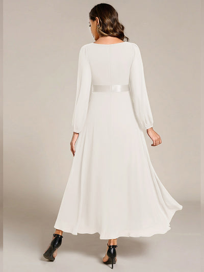 Pleated Chiffon Lantern Sleeve Evening Dress #color_White