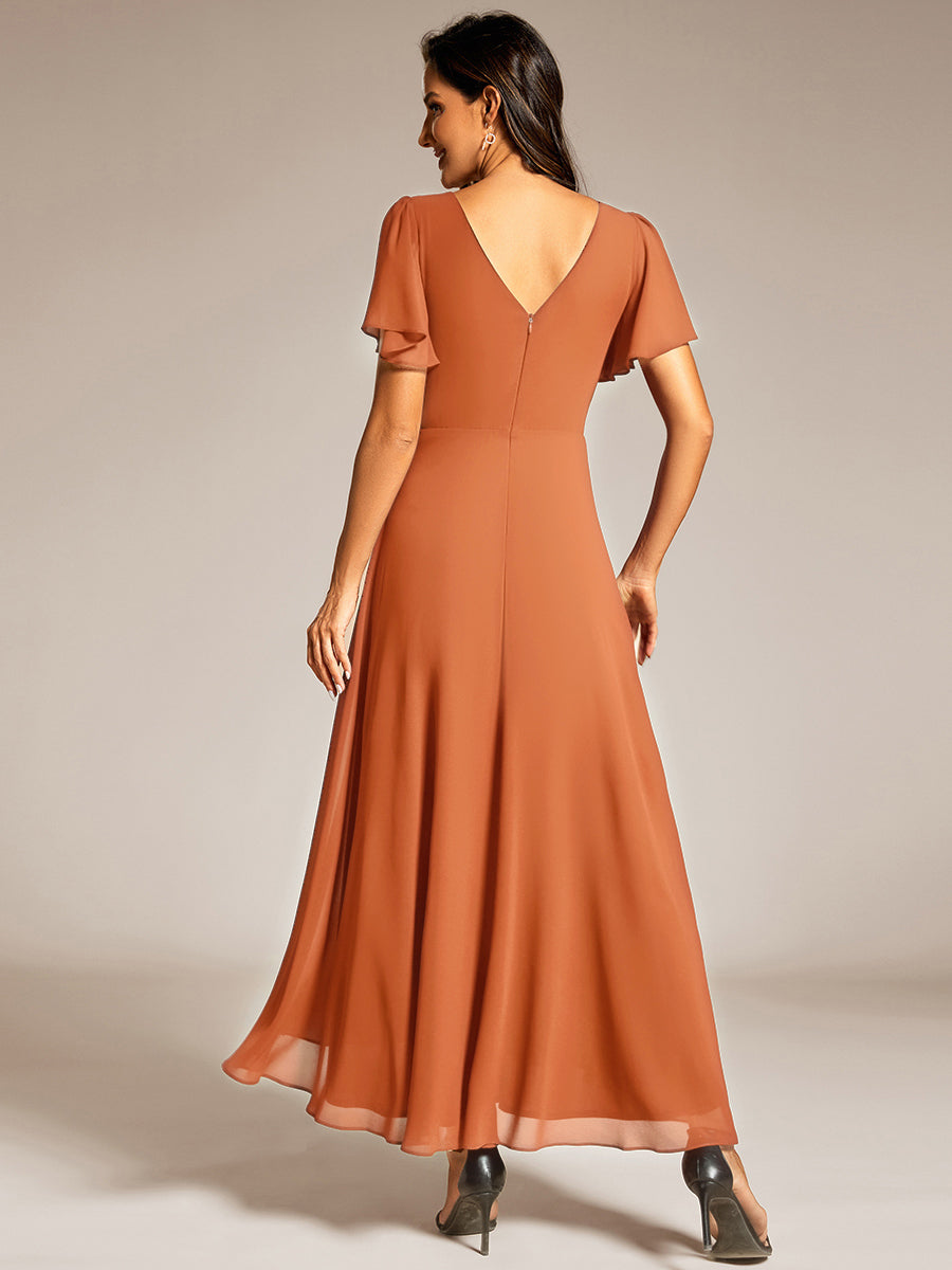 Double V-Neck Waist Trimmed Chiffon Formal Evening Dress #color_Brandied Melon