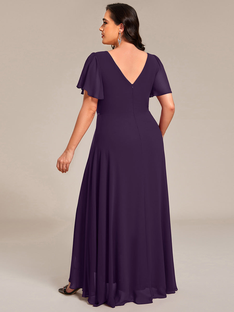 Double V-Neck Waist Trimmed Chiffon Mother of the Bride Dress #color_Dark Purple