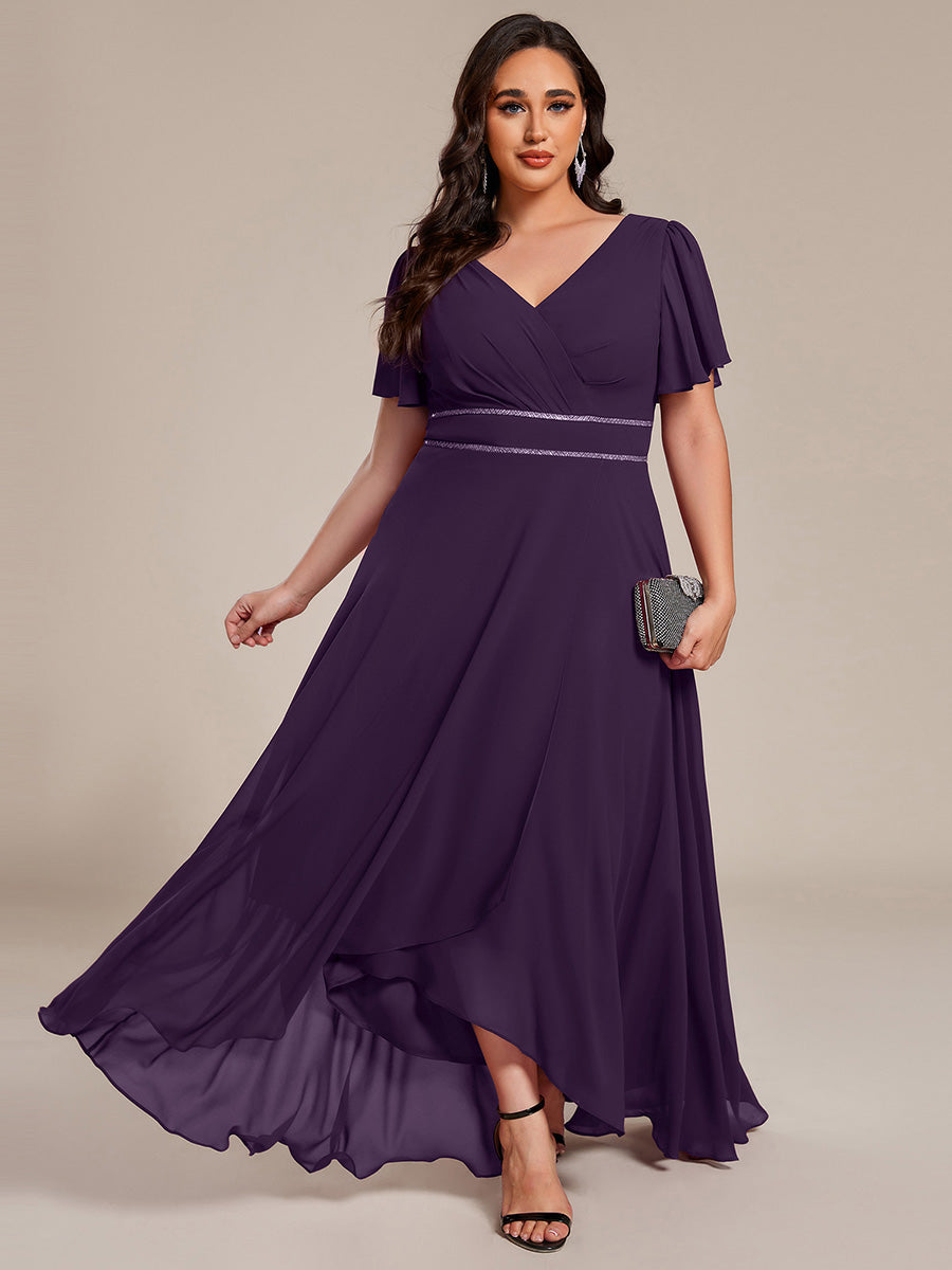 Double V-Neck Waist Trimmed Chiffon Mother of the Bride Dress #color_Dark Purple