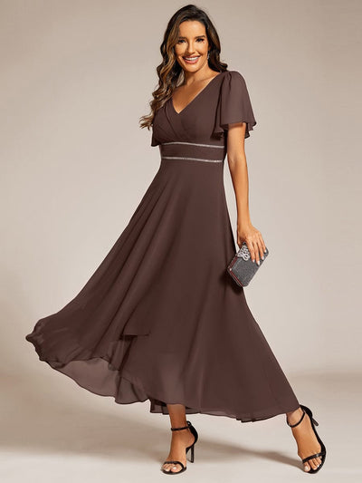 Double V-Neck Waist Trimmed Chiffon Formal Evening Dress #color_Espresso