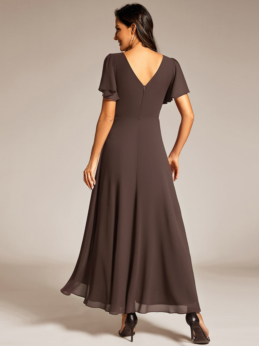 Double V-Neck Waist Trimmed Chiffon Formal Evening Dress #color_Espresso