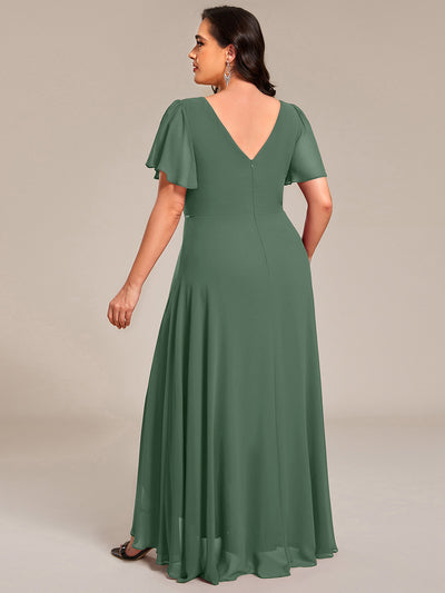 Double V-Neck Waist Trimmed Chiffon Formal Evening Dress #color_Eucalyptus