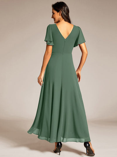 Double V-Neck Waist Trimmed Chiffon Formal Evening Dress #color_Eucalyptus