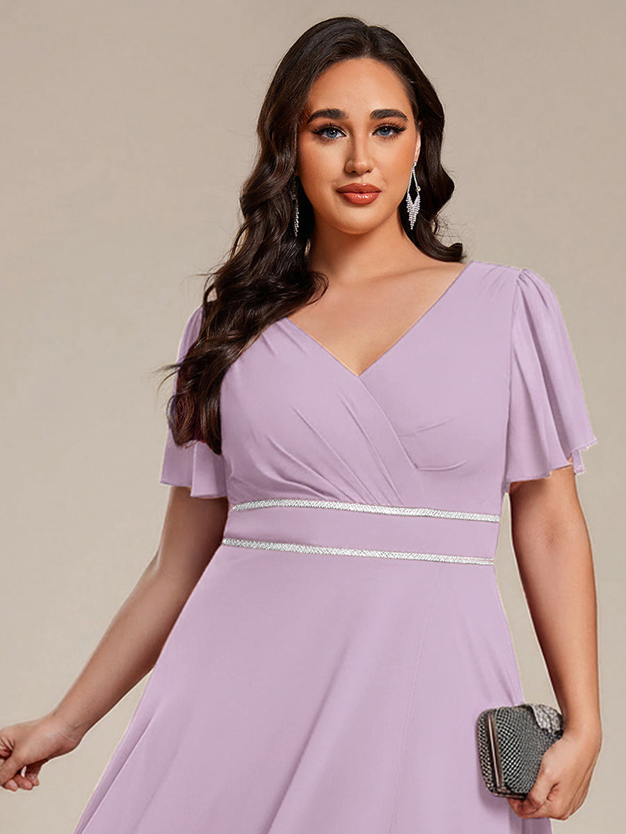 Double V-Neck Waist Trimmed Chiffon Formal Evening Dress #color_Frosted Lilac