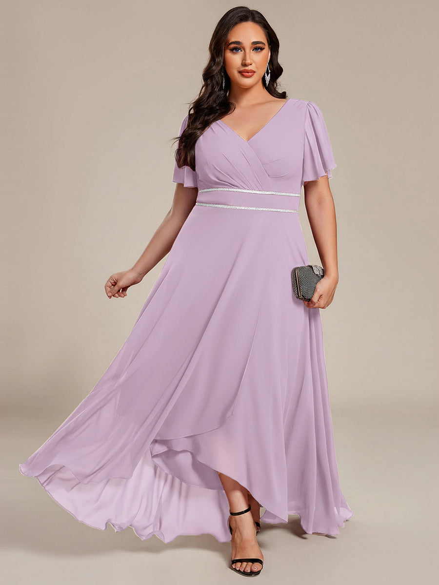Double V-Neck Waist Trimmed Chiffon Formal Evening Dress #color_Frosted Lilac
