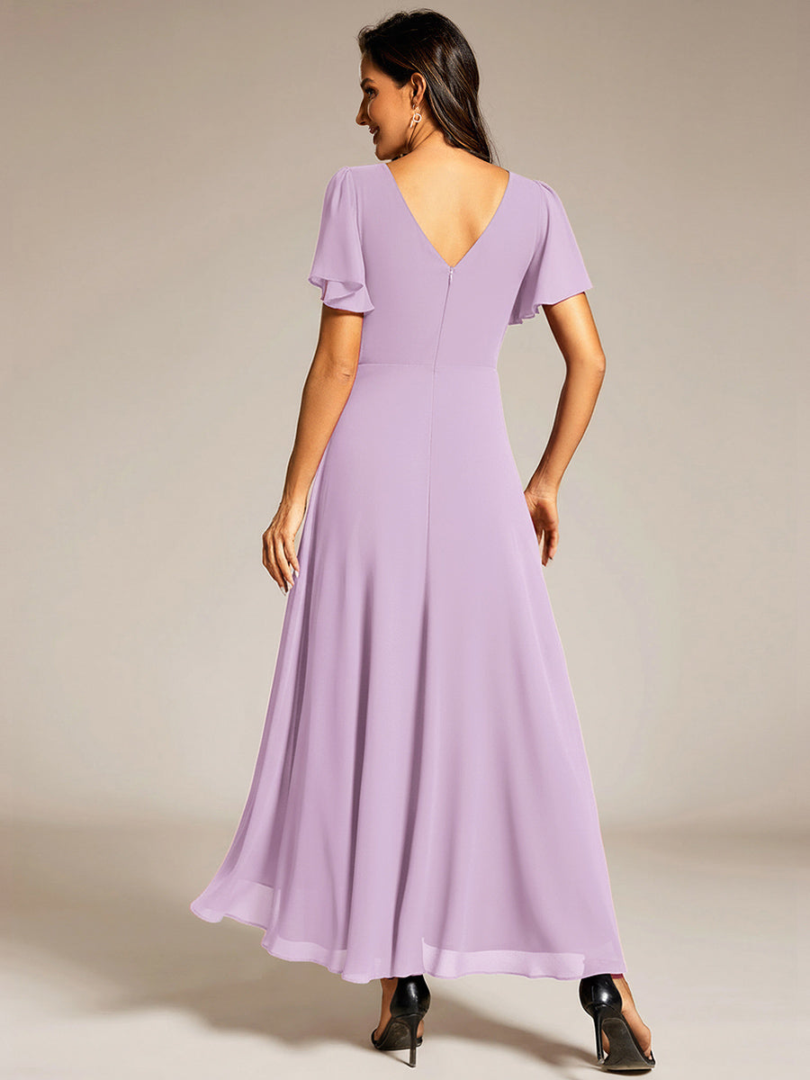 Double V-Neck Waist Trimmed Chiffon Formal Evening Dress #color_Frosted Lilac