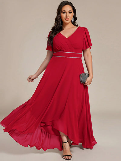 Plus Size V-Neck Rhinestone Waist Chiffon Maxi Formal Evening Dress #color_Red