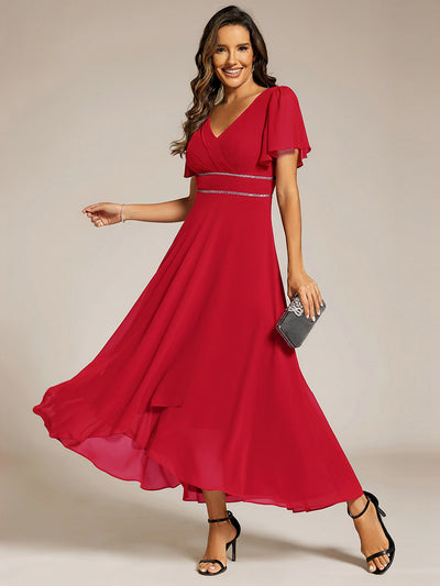 Double V-Neck Waist Trimmed Chiffon Formal Evening Dress #color_Red