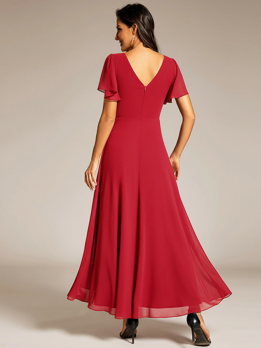 Double V-Neck Waist Trimmed Chiffon Mother of the Bride Dress #color_Red