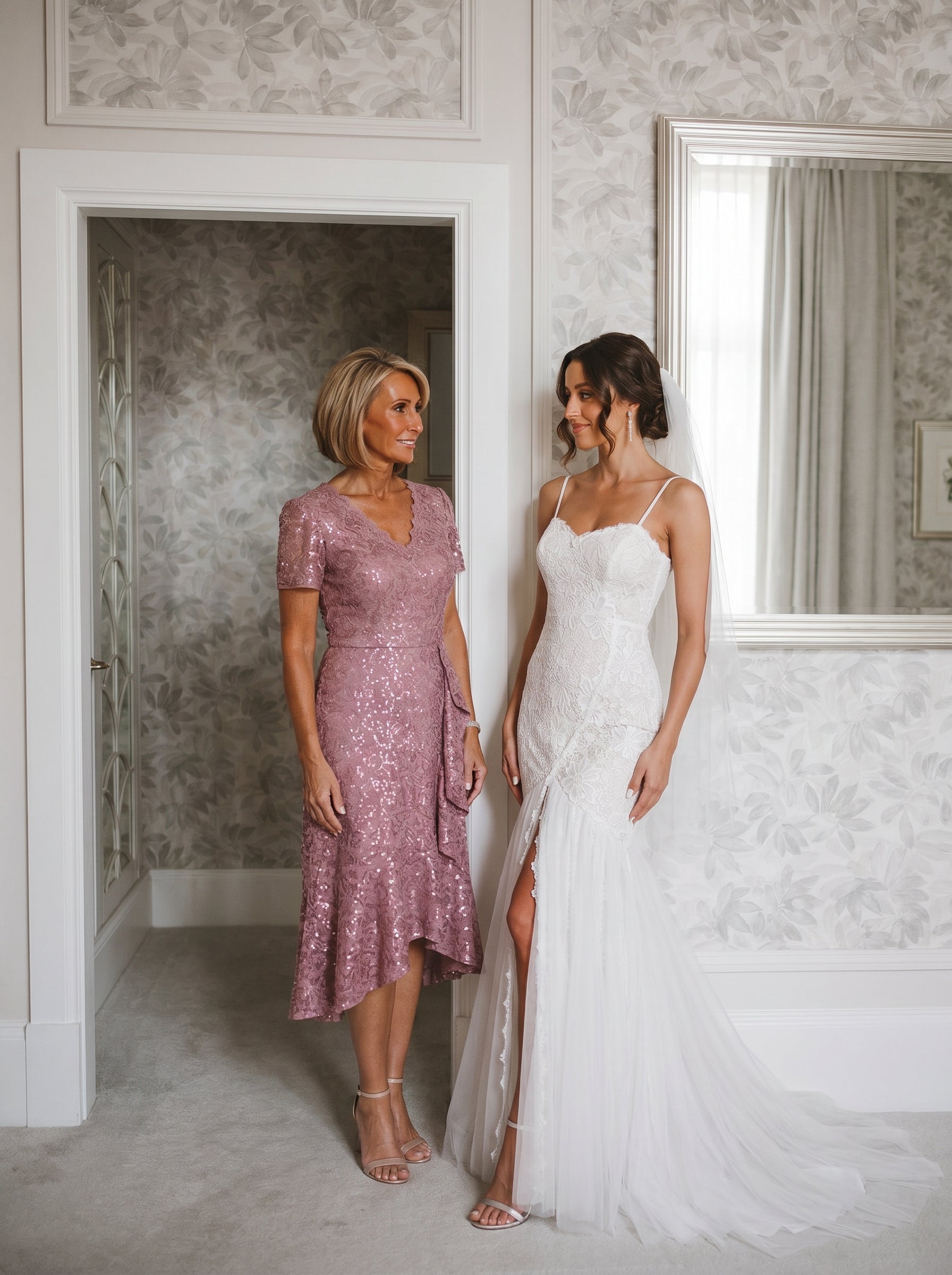 knee length dresses for ladies Sequin Lace V-Neck Midi Wedding Guest Dress with Short Sleeves