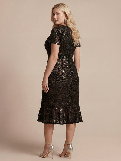 Plus Size Lace High Low Wedding Guest Dress #color_Black