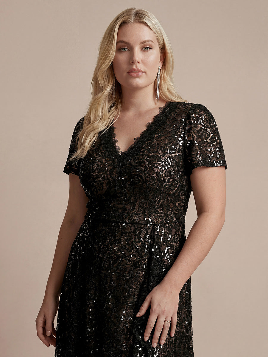 Sequin Lace Puff Sleeve Wedding Guest Dress #color_Black