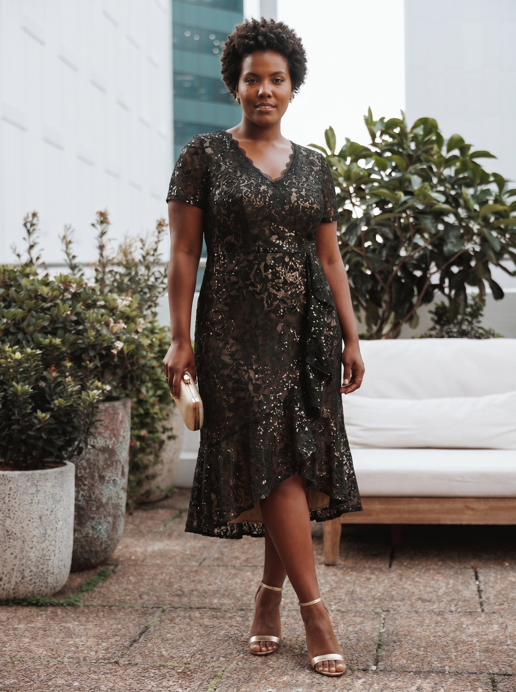 Plus Size Lace High Low Wedding Guest Dress #color_Black