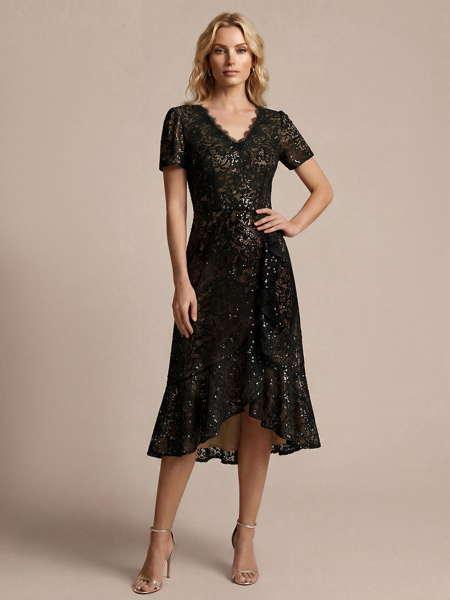 Ever-Pretty Sequin Lace V-Neck Midi Summer Formal Wedding Guest Dress with Short Sleeves Ever-Pretty Sequin Lace V-Neck Midi Summer Formal Wedding Guest Dress with Short Sleeves