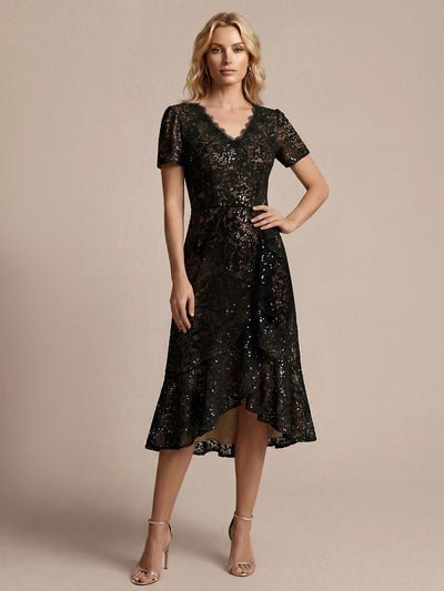 Sequin Lace High Low Wedding Guest Dress