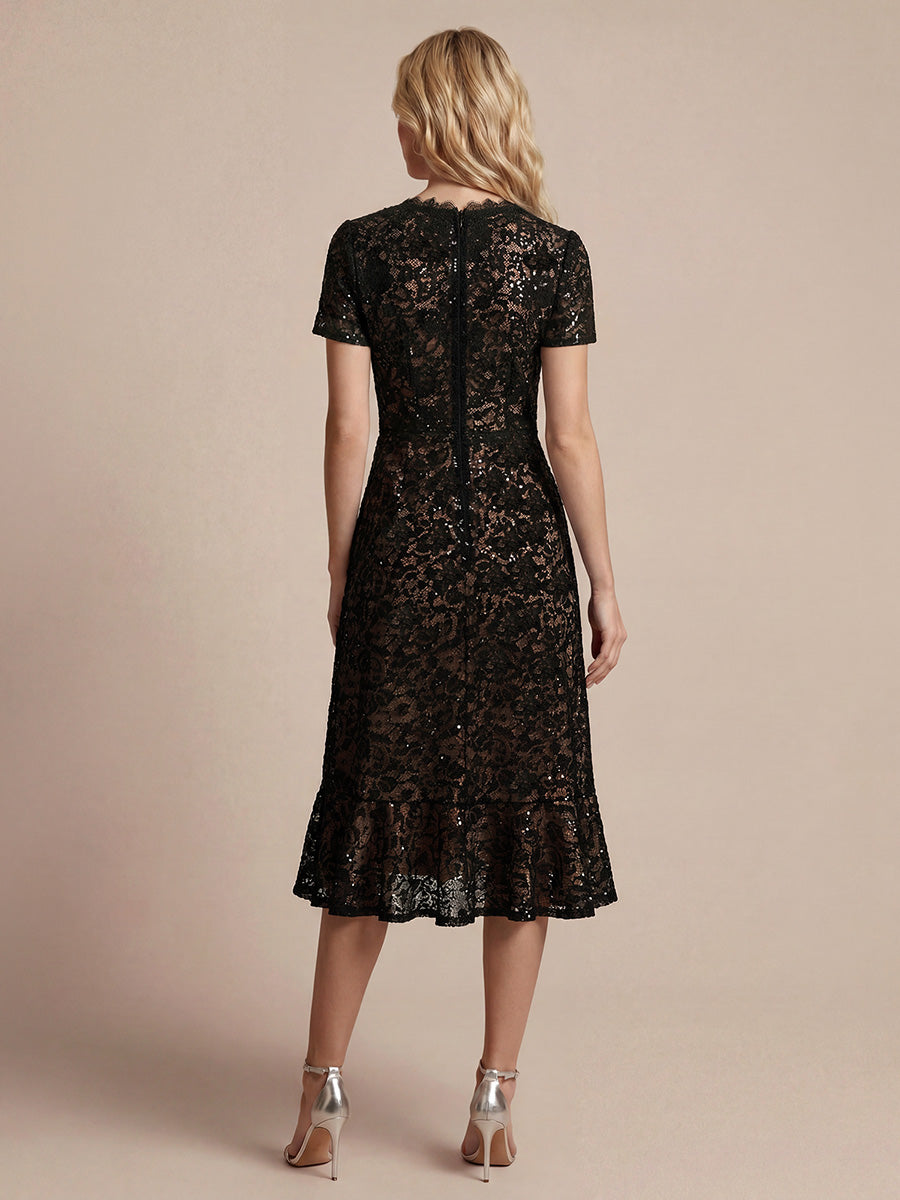 Sequin Lace V-Neck Midi Wedding Guest Dress with Short Sleeves - Ever-Pretty US Sequin Lace V-Neck Midi Wedding Guest Dress with Short Sleeves - Ever-Pretty US