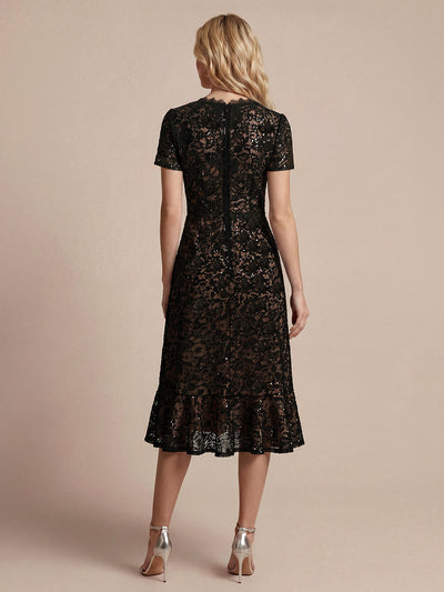 Sequin Lace Puff Sleeve Wedding Guest Dress #color_Black