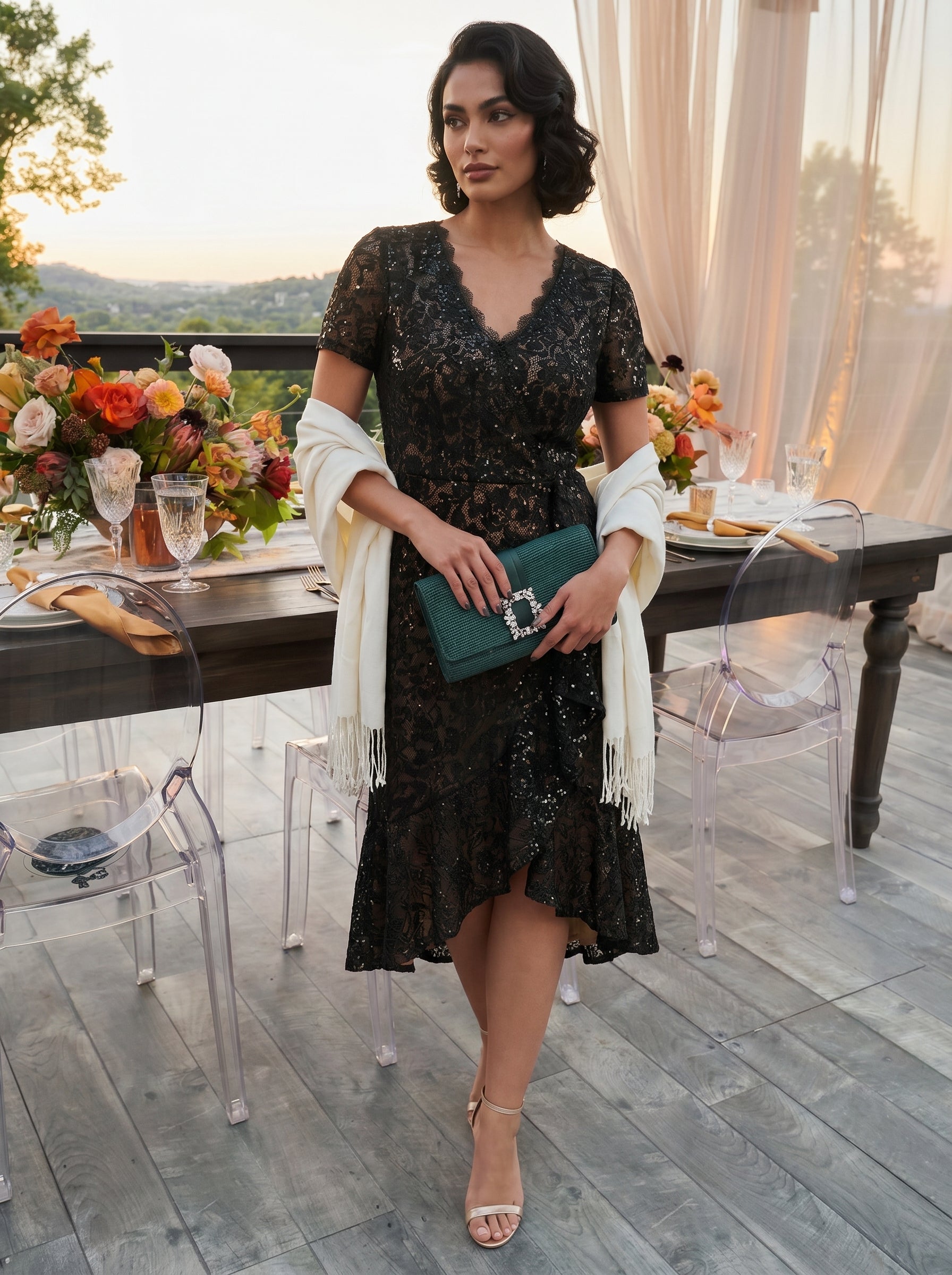 Sequin Lace Puff Sleeve Wedding Guest Dress #color_Black