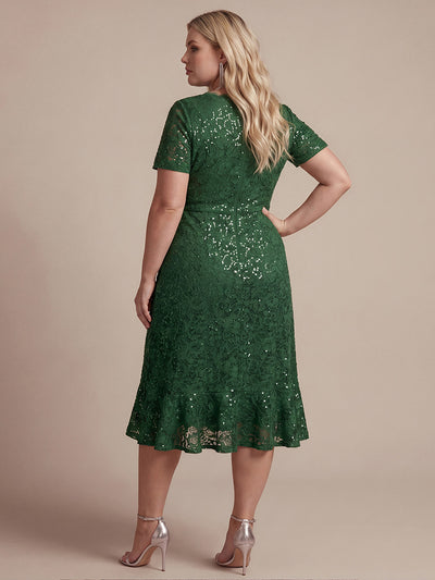 Plus Size Lace High Low Wedding Guest Dress #color_Dark Green