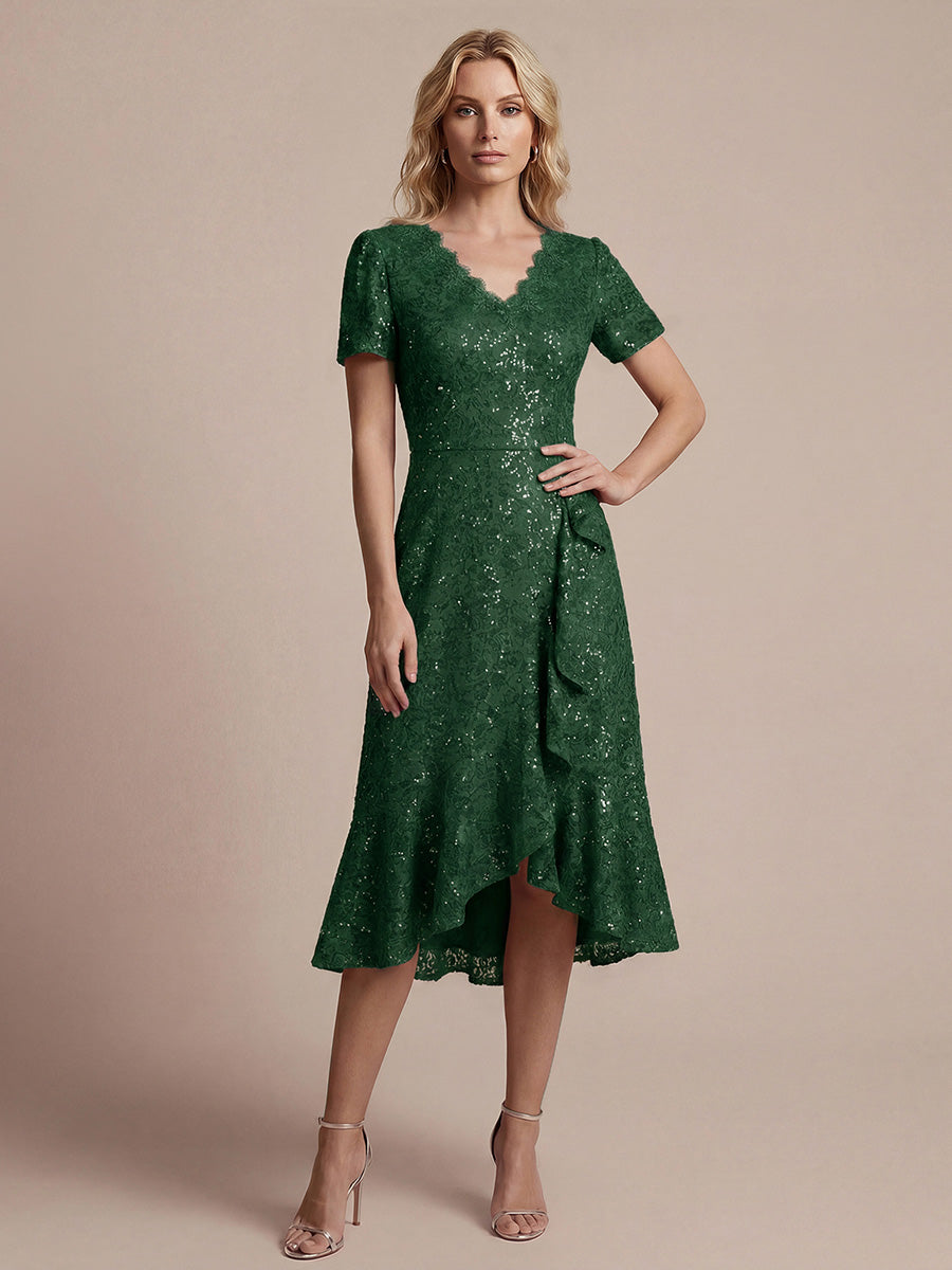 Sequin Lace Puff Sleeve Wedding Guest Dress #color_Dark Green